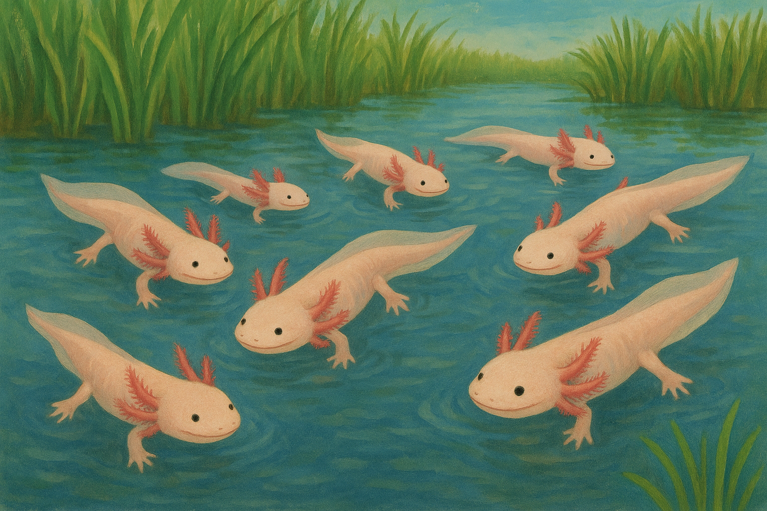 many axolotls swimming in a lake with grasses behind them 